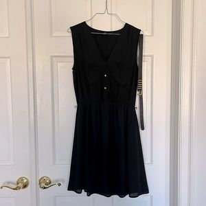 Black Dress with Golden Buttons and Faux Leather Belt